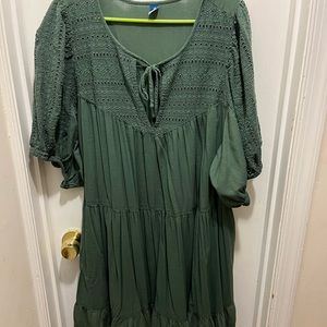 Old Navy 3x puff-sleeve tiered embroidered mini swing dress in olive color